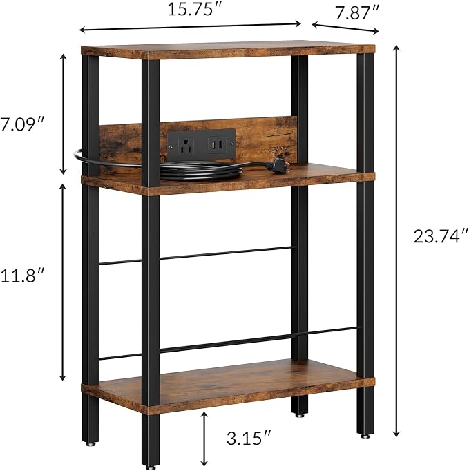 Narrow Nightstand with Charging Station,Rustic Brown Side Table with Outlet - Image 2