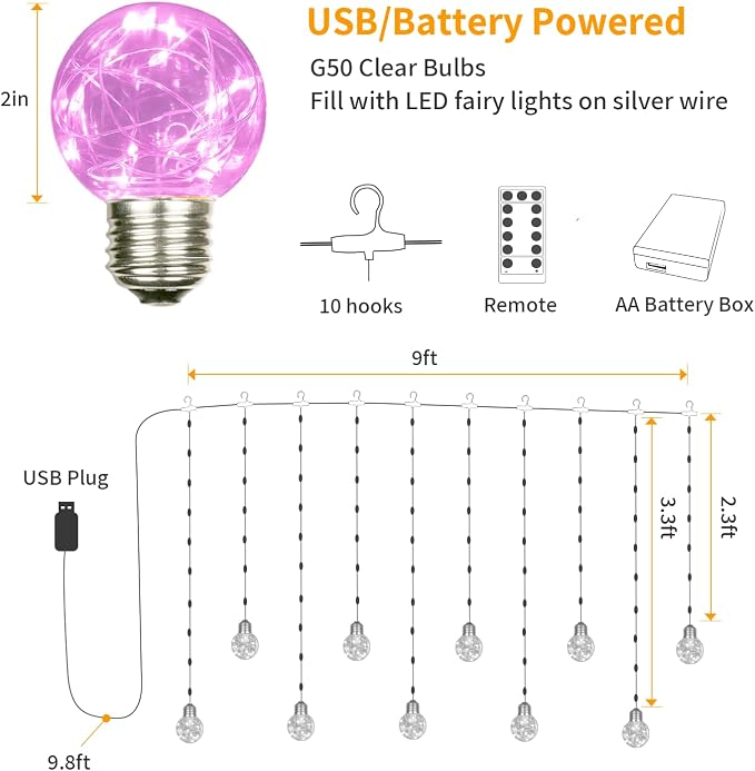 YOLIGHT Wishing Ball Curtain Lights 200 LED Window Curtain String Light with Remote, USB Battery Powered Twinkle Globe Fairy Lights for Wedding Party Bedroom Christmas Decoration (Pink) - Image 6