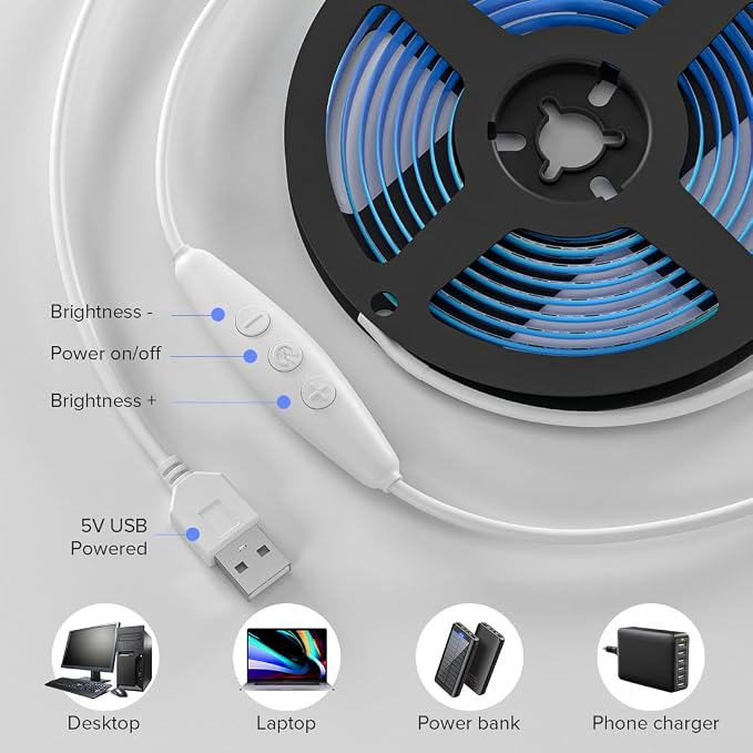 BTF-LIGHTING 5V USB COB LED Strip Lights 9.8FT Ice Blue Color for TV - Image 3