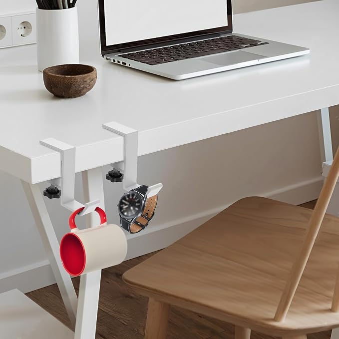 Clamp-On Under Desk Backpack Hanger, Clamp-On Under Desk Headphone Holder, Students' Desk Hook, with Adjustable Arm Clamp for Handbag and Purse Holder (White) - Image 2