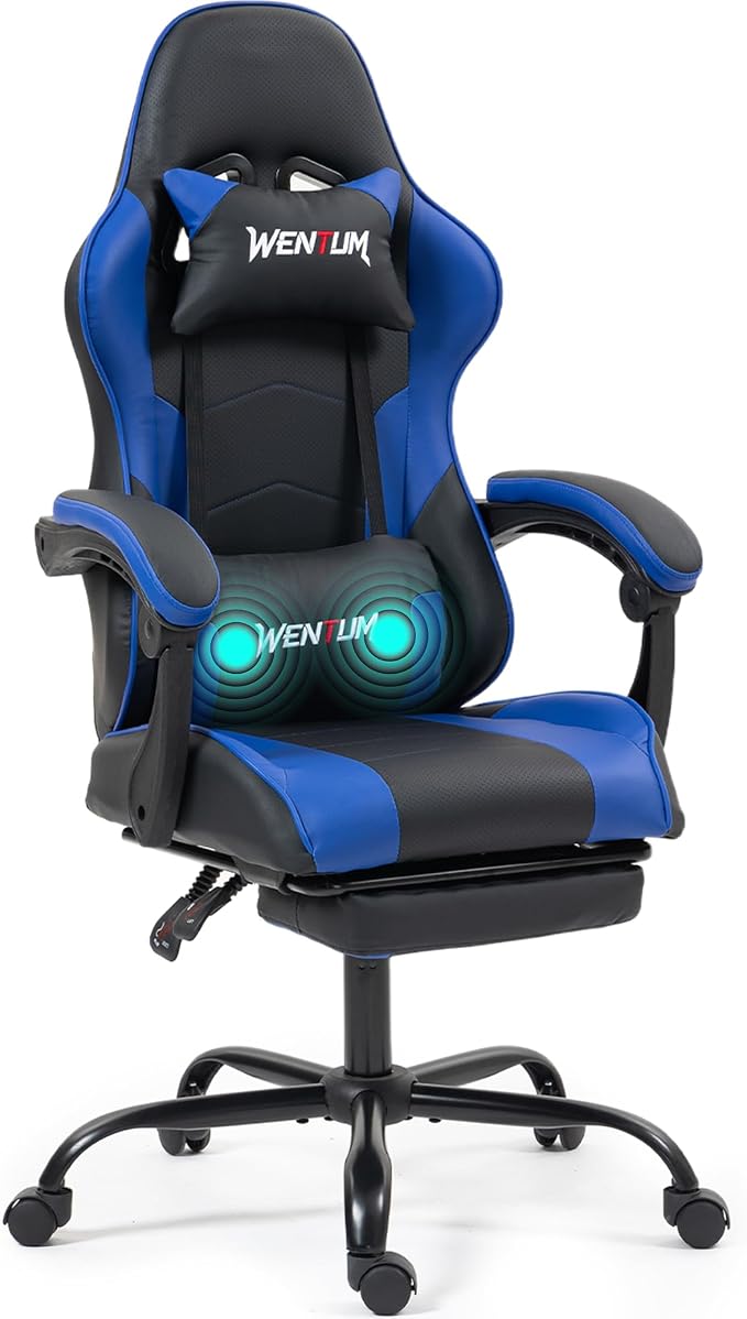 Gaming Chair with Footrest for Adults, PU Leather Massage Racing Video Game Chair with Lumbar Support for Men Women, Ergonomic Computer Gamer Chair for Home Office, Height Adjustable, Blue by WENTUM