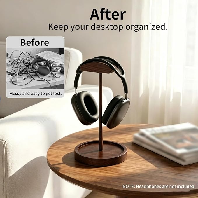 Headphone Stand Nature Wood Headset Hanger Mount Hook Gaming Holder Desktop Earphone Artful Functional Stand for All Headsets with Solid Wooden Base - Image 5