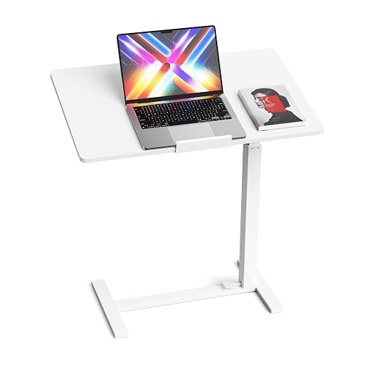 Mobile Standing Desk Adjustable Overbed Table, Pneumatic Height Adjustable Rolling Laptop Desk with Hidden Wheels, 0-180°Tilt Top Rolling Computer Cart Foldable for Home Office, Craft & Study, White by SimpleDeluxe
