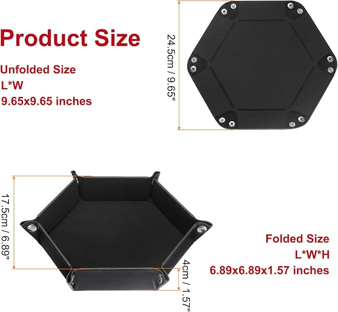 HARFINGTON PU Leather Dice Tray Unisex Valet Tray Folding Hexagon Tray Portable Entryway Table Nightstand Bedside Desk Holder for Key Wallet Watch Coin Jewelry, Black - Image 2