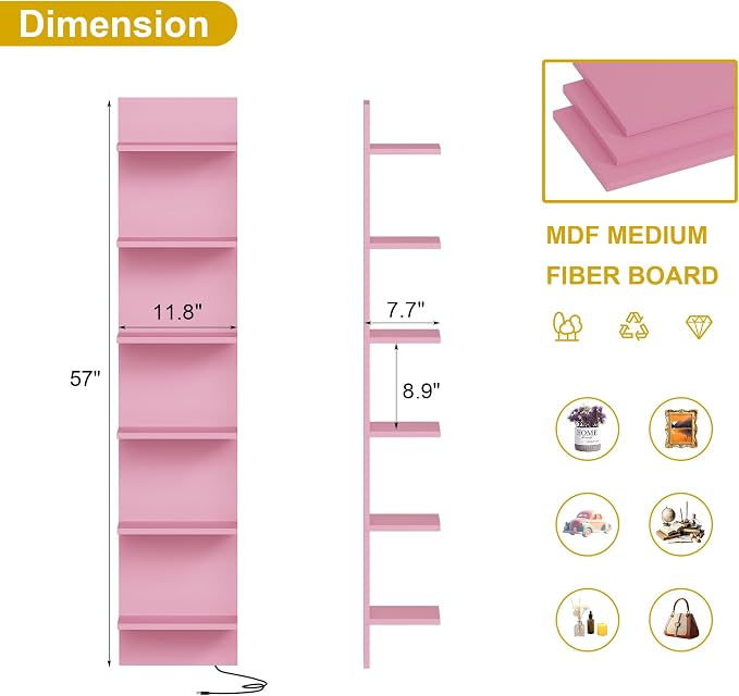 Qupui 6-Tier Wall Shelf with RGB LED, 57" Floating Storage, Pink - Image 2