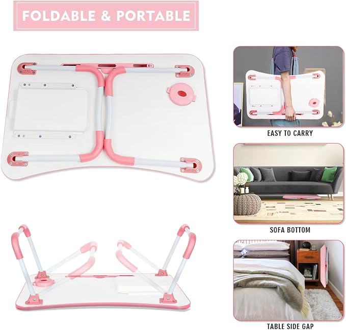 Laptop Bed Table, Foldable Laptop Desk Bed Tray with Storage Drawer, Lap Desk TV Tray for Breakfast Serving, Notebook Stand Reading Holder with Phone Slot and Cup Holder for Sofa Couch Floor-Pink - Image 4