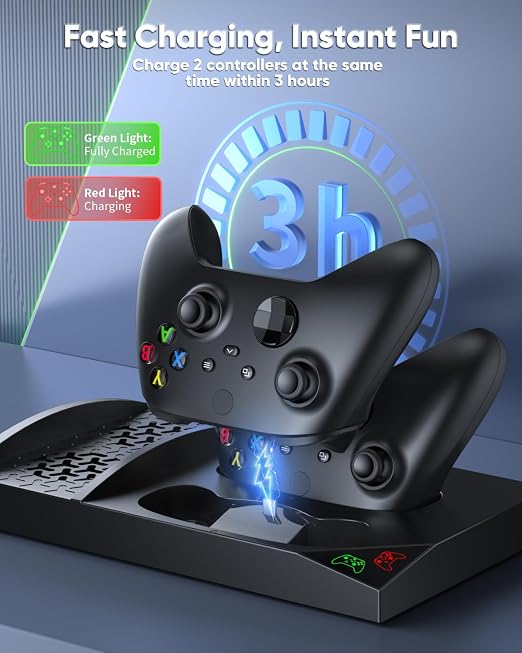 Charger Stand with Cooling Fan for Xbox Series S Console and Controller,Vertical Dual Charging Dock Accessories with 2 x 1400mAh Rechargeable Battery and Cover, Earphone Bracket for XSS(Black) - Image 3
