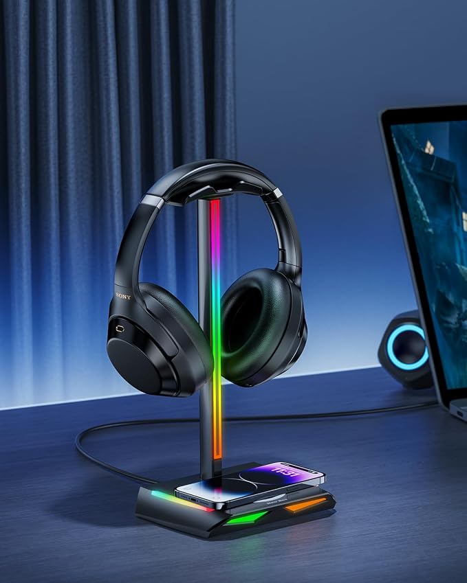 New Bee RGB Headphone Stand with 2 USB-C & 1 USB Charging Ports, Desk Gaming Headset Holder with 7 Light Modes and Non-Slip Rubber Base Suitable for All Earphone Accessories | 2 USB-C & 1 USB Charging Ports, 7 Light Modes, All Earphone Accessories - Image 6