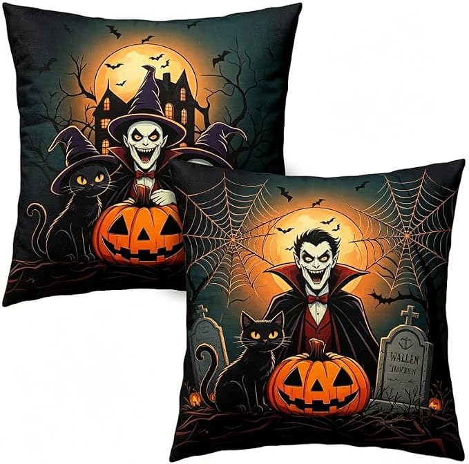Halloween Throw Pillow Covers, Vampire and Black Cat Spooky Design, Linen, 18x18 Inch, Set of 2, Machine Washable by Unknown