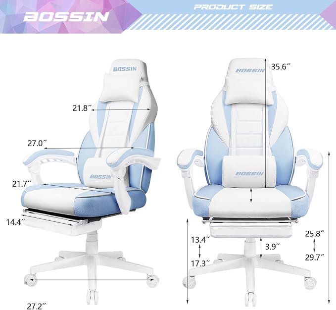 BOSSIN Gaming Chair with Massage, Ergonomic Heavy Duty Design with Footrest and Lumbar Support, Large Size Cushion High Back Office Chair, Big and Tall Gaming Computer Chair for Kids（White and Blue） - Image 3