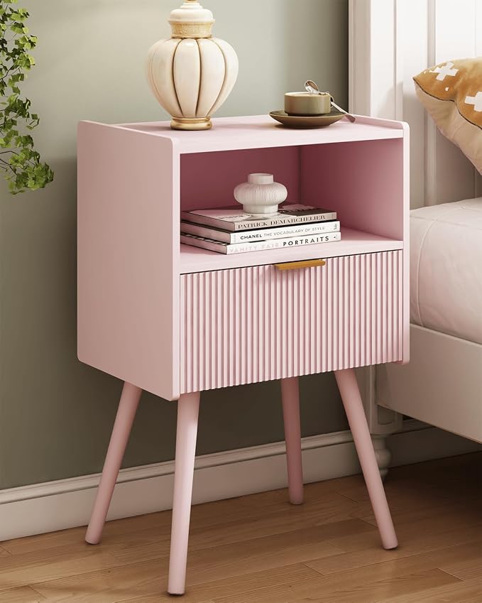 JOONEE Nightstand,Modern Bedside Table with Storage Drawer and Open Wood Shelf, for Living Room, Bedroom and Small Spaces, Accent Night Stand with Solid Wood Legs, Easy Assembly,Classic Pink by JOONEE
