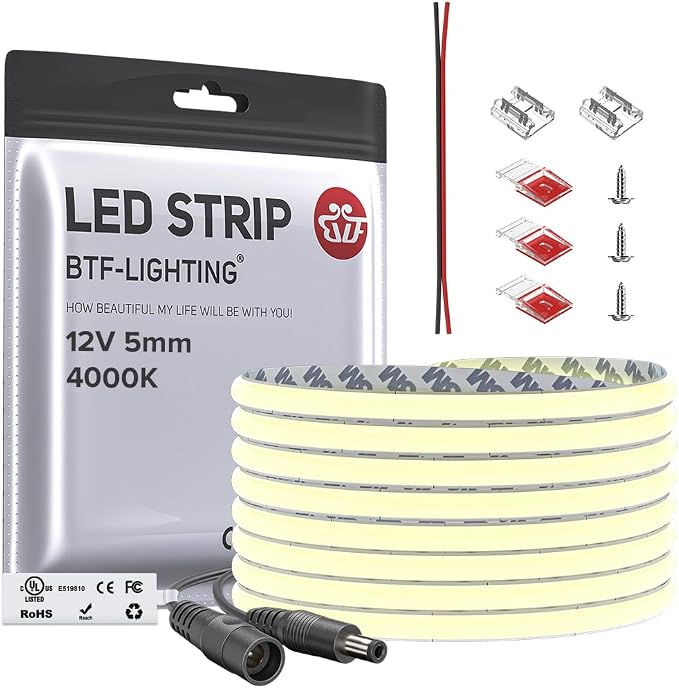BTF-LIGHTING FCOB Thin 5mm Width COB LED Strip Light Natural White 4000K by BTF-LIGHTING