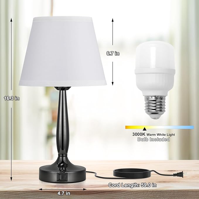 Kakanuo Touch Bedside Lamp for Bedroom with USB C Port, Small Touch Table Lamp with 2 USB Charging Ports, 3 Way Dimmable Nightstand Lamp for Living Room and Office - White (LED Bulb Included) - Image 7