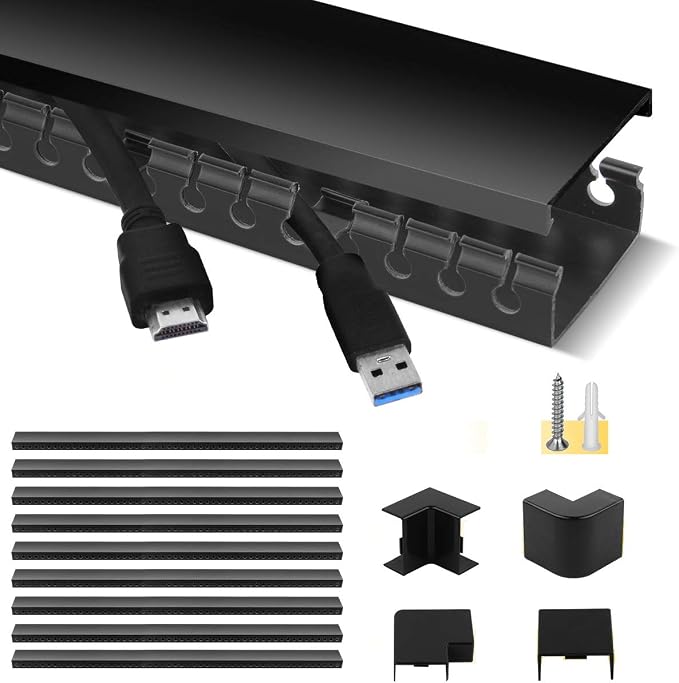 Cable Raceway Kit, Stageek Cable Management System Open Slot Wiring Raceway Duct with Cover, On-Wall Concealer Organizer for Cable Pass to Hide Wires Cords for TVs, Computers - 9x15.4inch, Black by Stageek