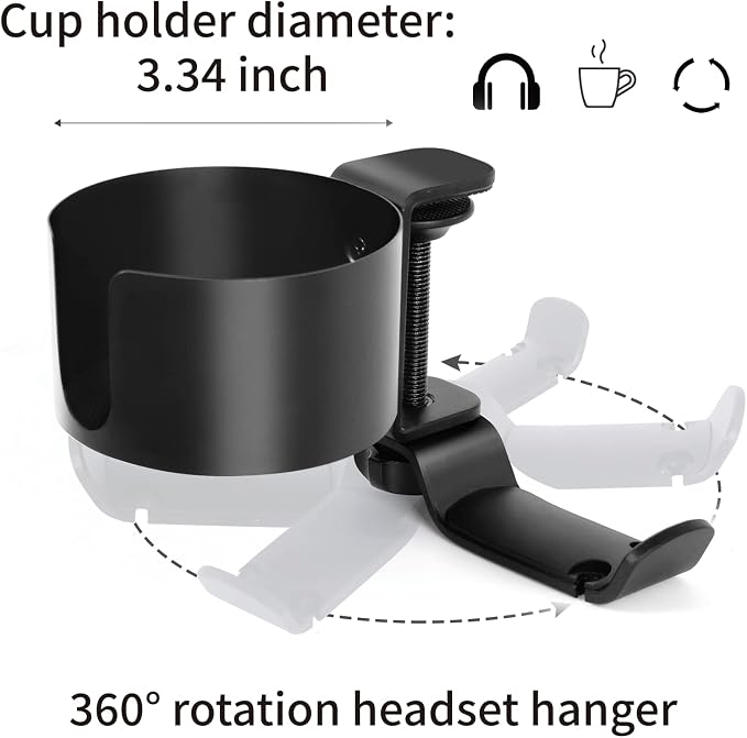 OOKUU 2 in 1 Desk Cup Holder with Headphone Hanger, Anti-Spill Cup Holder for Desk or Table, Easy to Install, Sturdy and Durable, Enough to Hold Coffee Mups, Water Bottles, Headphones - Image 2