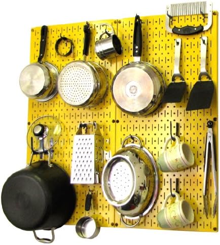 Wall Control Kitchen Pegboard Organizer Pots and Pans Storage Rack Organization Kit with Yellow Pegboard and Blue Accessories by Wall+Control