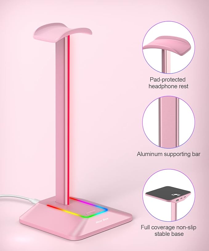 New Bee RGB Headphone Stand Gaming Headset Holder USB Charger Desktop Pink | USB-C & USB Charging Ports, Stable Desktop Earphone Stand for All Headphones Size - Image 4