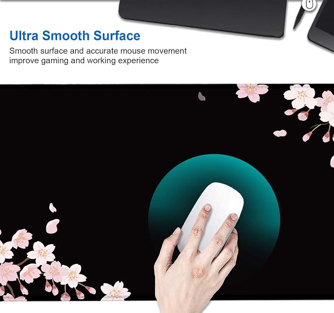 IMAYONDIA Sakura Japanese Desk Mat, Cherry Blossom Large Gaming Mouse Pad, Black Elegant Floral Mousepad for Women, Minimalistic Flower Aesthetic Desk Pad for Work, Game, Office, 31.5x11.8 - Image 4