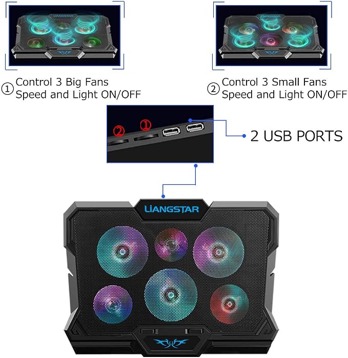 Laptop Cooling Pad, Laptop Cooler with 6 Quiet Fans RGB 7 Color Light for 15.6-17 Inch Laptop Cooling Fan Stand, Portable Slim USB Powered Gaming Laptop Cooling Pad, Switch Control Fan Speed(Black) - Image 5