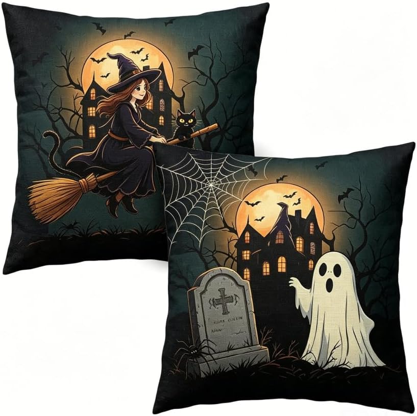 Halloween Throw Pillow Covers, Linen, 18x18 Inch, Set of 2, Ghost Pumpkin Haunted House Design, Machine Washable by Unknown