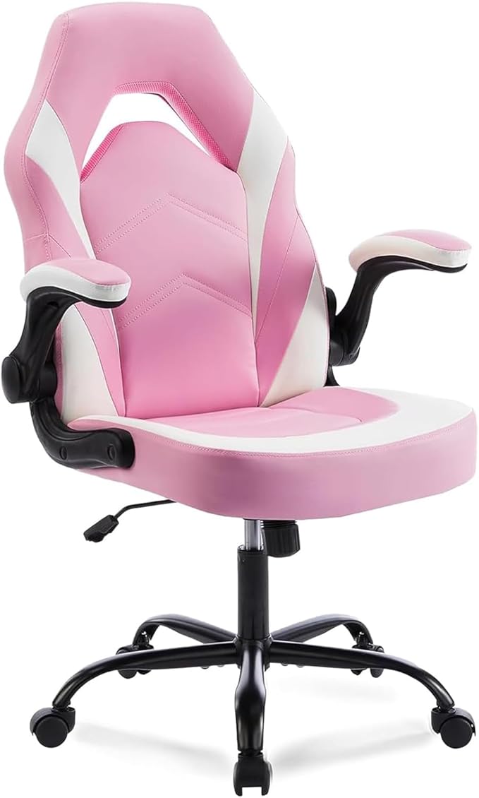 DUMOS Computer Gaming Chair, Home Office Desk Chair, PU Leather | PU Leather, Flip-up Armrest, Swivel Wheels, Lumbar Support, Video Game, Height Adjustable, White and Pink by DumosLifestyle