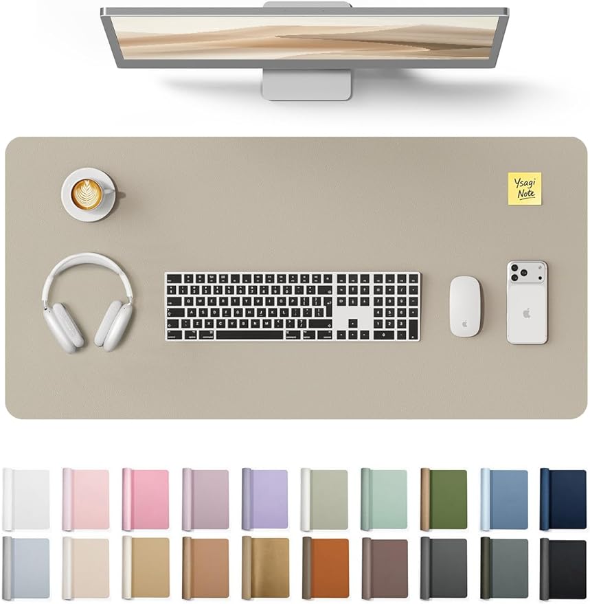 YSAGi Leather Desk Pad Protector, Office Desk Mat, Large Mouse Pad, Non-Slip PU Leather Desk Blotter, Laptop Desk Pad, Waterproof Desk Writing Pad for Office and Home (Olive Beige, 35.4" x 17") by YSAGi
