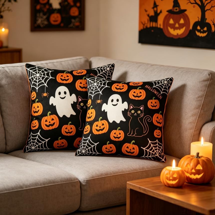 Halloween Throw Pillow Covers, Ghost Pumpkin Spider Web Black Cat Design, Linen, 18x18 Inch, Set of 2 - Image 3
