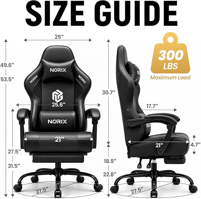 Video Gaming Chair for Adults with Footrest, Ergonomic Computer Chair,Black | 21-Inch Wide Seat, 330 lb Heavy Duty Load Capacity, Headrest, Adjustable Height, Reclining Backrest for Office or Gaming - Image 3
