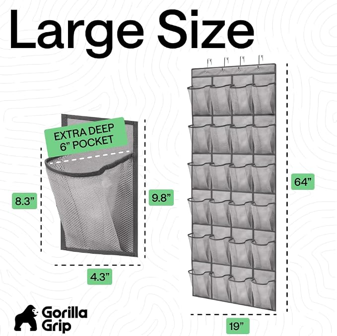 GORILLA GRIP Over the Door Shoe Organizer, 24 Extra Large Pockets, Gray - Image 7