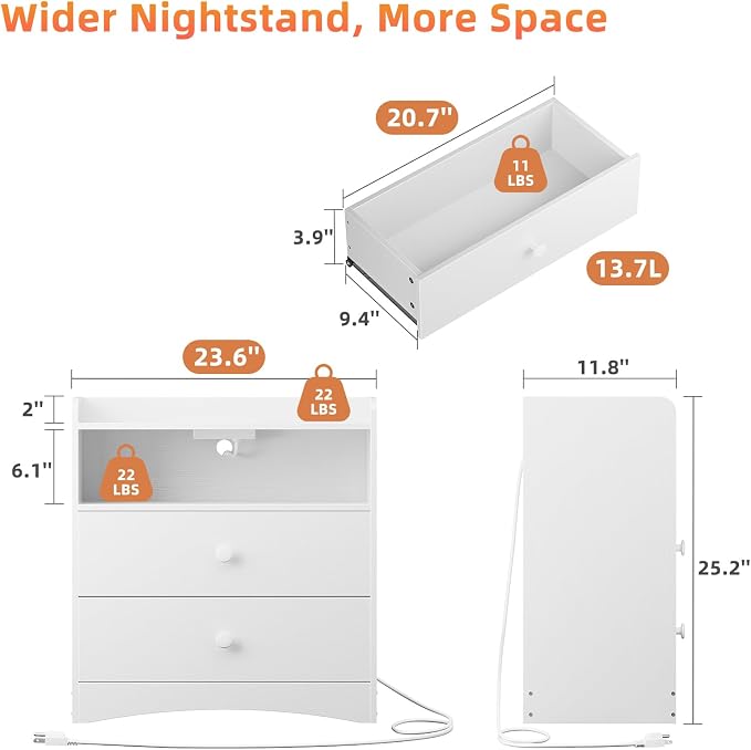 Memobarco Nightstand with Charging Station and LED Light, White - Image 2