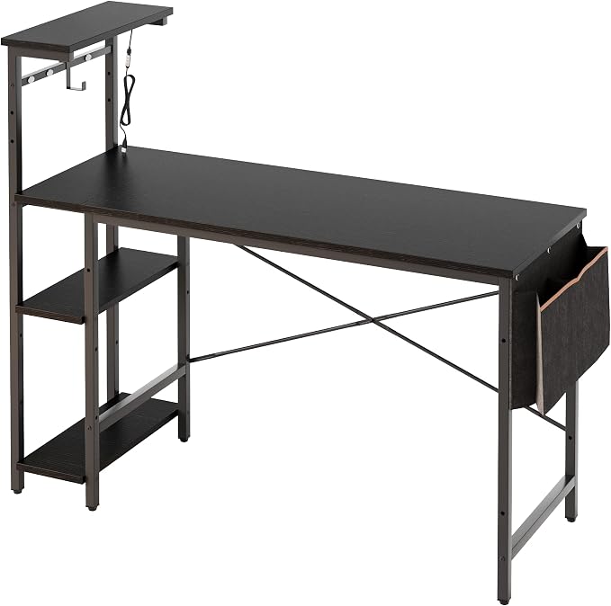 Bestier Gaming Desk with LED Lights, 51.3 Inch Computer Desk with 4 Tiers Reversible Shelves, Home Office Writing Desk with Side Storage Bag, Hooks and Height Adjustable Shelf (Black Grained) - Image 9