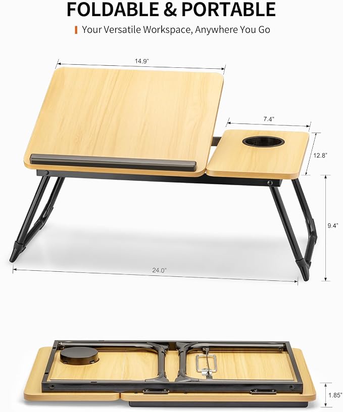 FISYOD Foldable Laptop Desk for Bed Couch, Adjustable Split Lap Desk with Cup Holder, Portable Lightweight Bed Table Tray, Heavy-Duty Laptop Stand for Working, Writing, Reading and Eating - Oak - Image 2