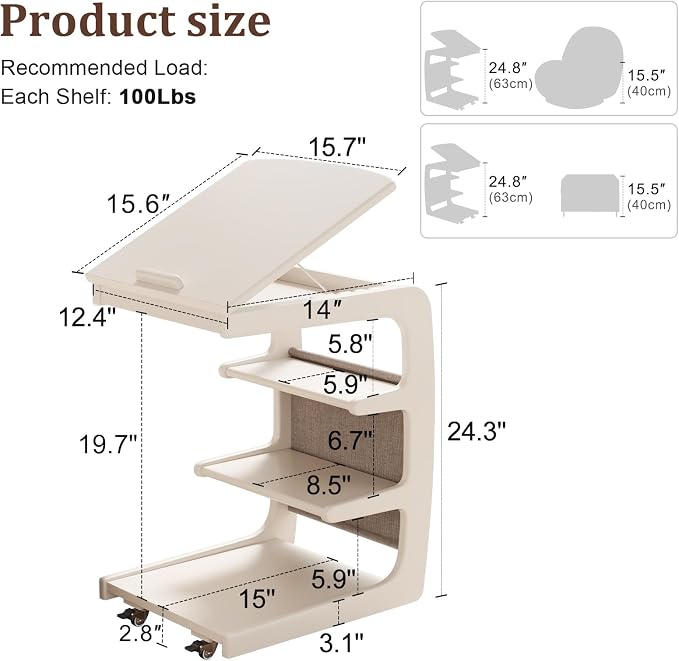 AQIMUELE Wooden C-Shaped End Table,Couch Desk with 2 Lockable Wheels,4-Tier Couch Table with Storage Bag,Small Rolling Side Table Tv Trays for Couch, Living Room,Bedroom (White) - Image 6