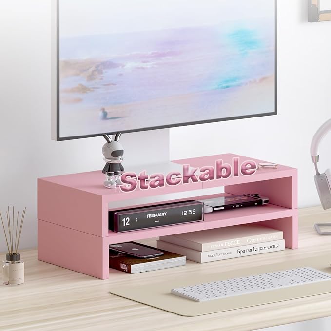 TEAMIX 2 Pack Pink Monitor Riser-20L inch, Cute Monitor Stand for Desk, Wood Sturdy TV/Screen/PC/Printer/Laptop Riser, Computer Shelf with Storage Desktop Organizer for Home Office - Image 5