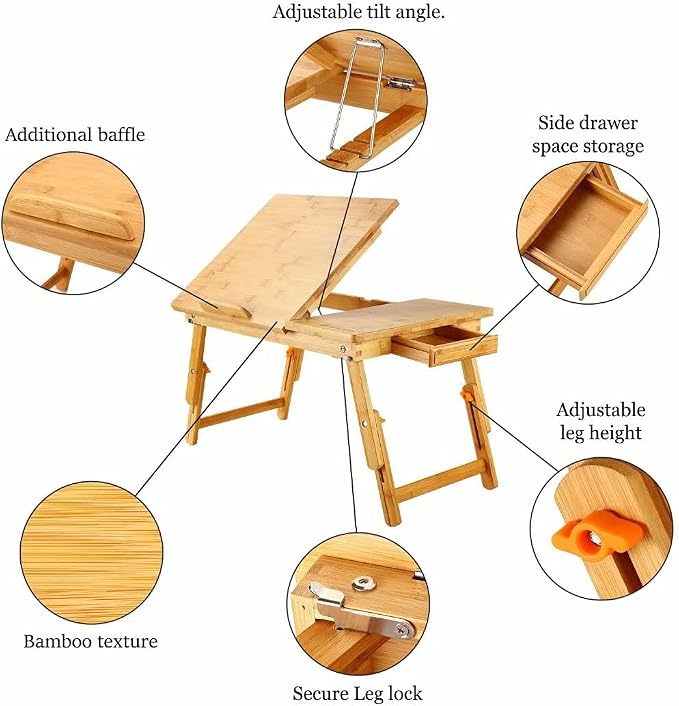 Nnewvante Bamboo Bed Tray with Tilting Top, Drawer 23.6 x 15.8in - Image 2