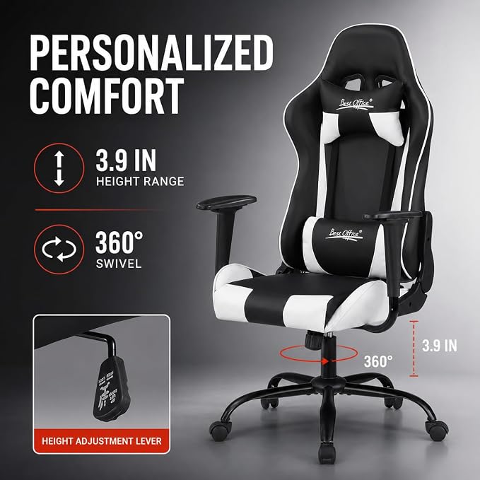 BestOffice Gaming Chair Desk Chair Ergonomic High Computer Chair with Adjustable Lumbar Support, Armrests, and Racing-Inspired Design for Office and Home Use (White) - Image 8