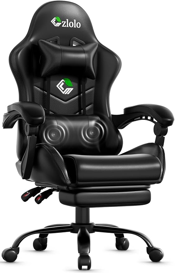 Czlolo Gaming Chair with Footrest Racing Style Lumbar Support Massager Video Game Chair with Metal Legs, High Back Gamer Chair with Headrest, 360° Swivel Office Computer Desk Chair (Black) by GamersChoice