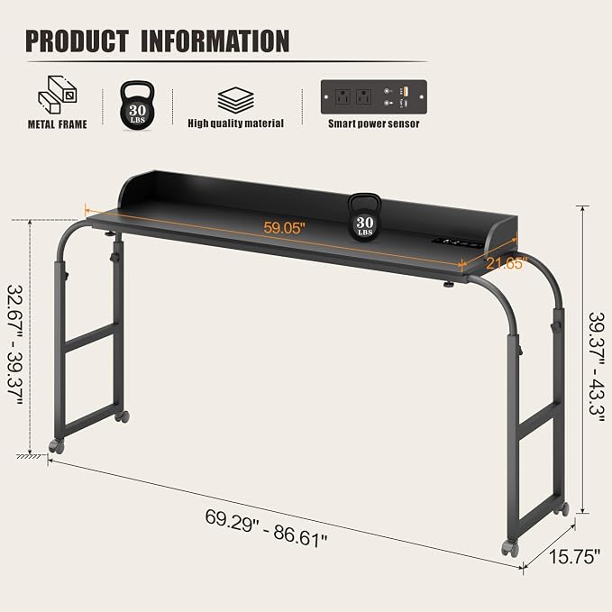 HWB Bed Table Desk with Wheels & Adjustable Height, LED Lights - Image 2