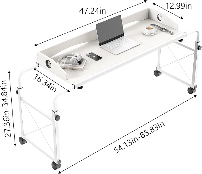 Overbed Table with Wheels, Adjustable Queen & King Bed Desk, White - Image 2