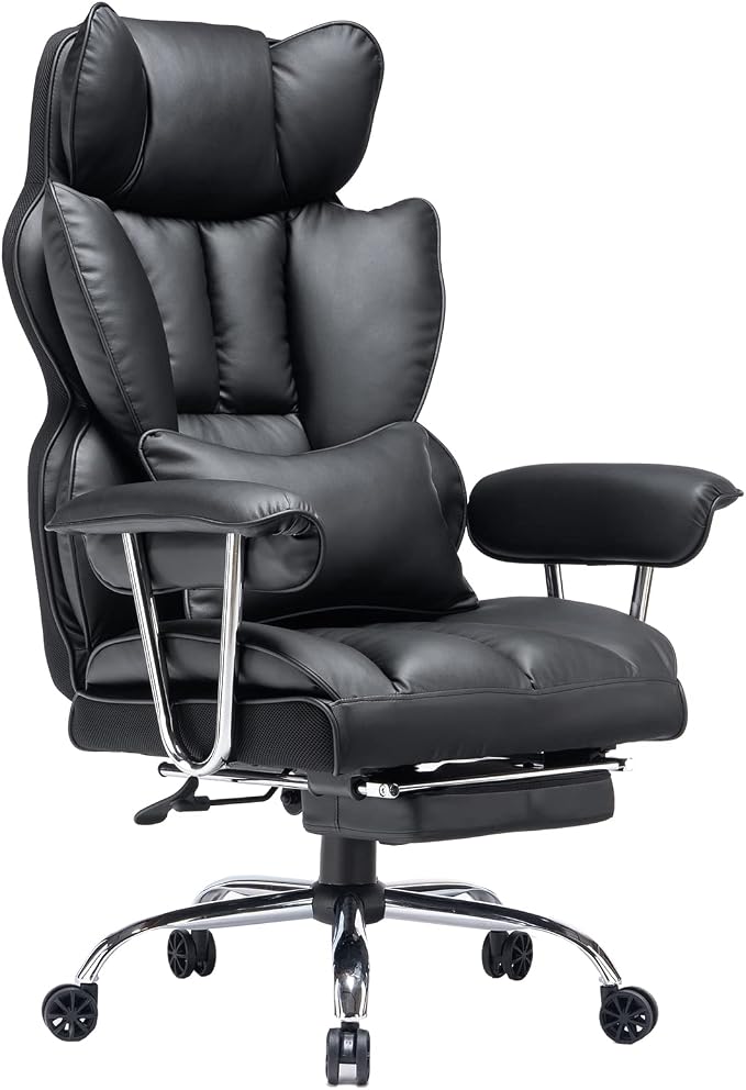 Efomao Big and Tall Office Chair with Foot Rest 400LBS, PU Leather Computer Chair, Heavy Duty Executive Office Chair with Lumbar Support, Black Home Office Chairs | 400lbs support, 135° recline, dual-layer foam cushion, 23.5" seat & footrest. BIFMA by OFFICECHAIR