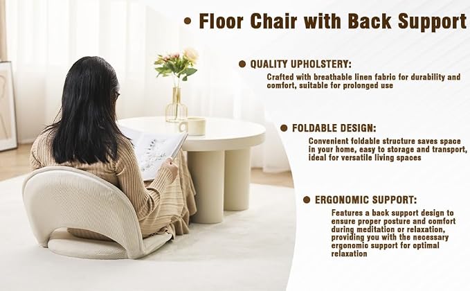 YOUKEEEJOJO Floor Chair 5-Position Adjustable Back Support Chair Foldable Camping,Video-Gaming Reading Watching, Upholstered Meditation Convenient Seats (Beige) - Image 9