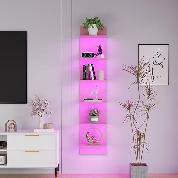 Qupui 6-Tier Wall Shelf with RGB LED, 57" Floating Storage, Pink by Qupui