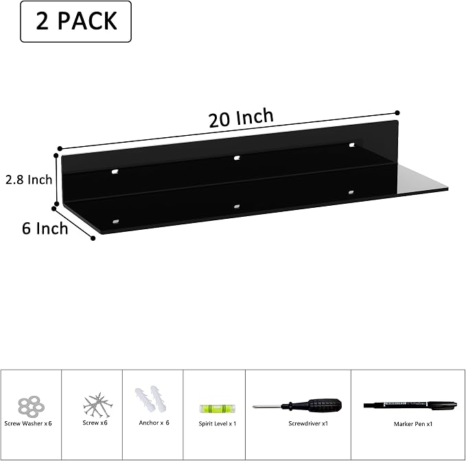 Sezanrpt 20 Inches Acrylic Wall Shelves 2 Pack, Floating Shelf for Wall Mounting, Acrylic Display Ledges for Funko Pop Figures, Home Décor, Living Room, Gaming Room, Plants(20 inch, Black) - Image 3
