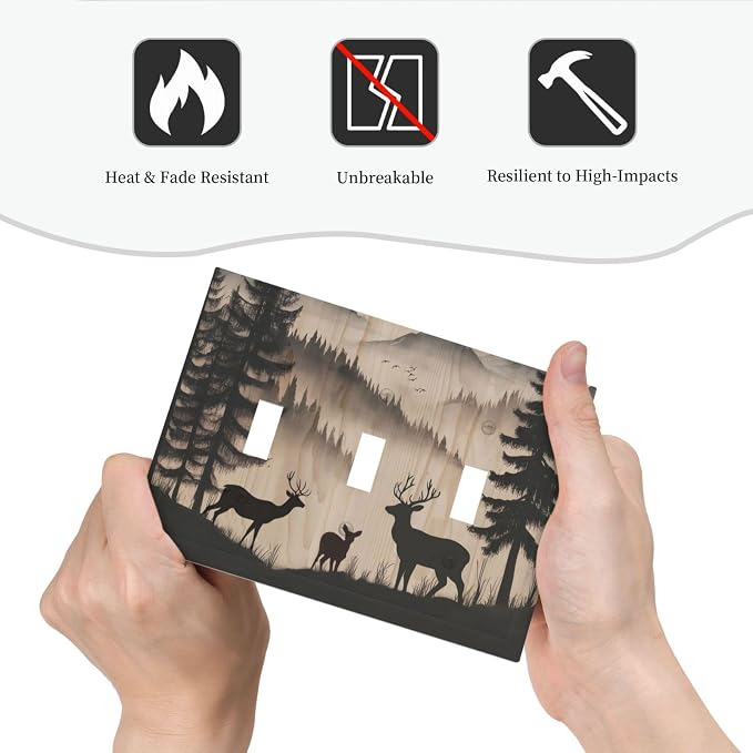 Decorative Light Switch Cover Plate Rustic Black Deer Elk Brown Wood Board Pine Tree 3 Gang Wall Plate Triple Toggle Switch Plate Covers 3 Hole Electrical Switchplate Dimmer Faceplate Decor - Image 6