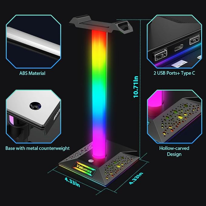RGB Gaming Headphone Stand with Charging Hub, Headset Holder for Desk with Controller Organizer, 3 Ports USB-A and USB-C, 10 Lighting Modes, Touch Control for PS5 Xbox PC Gaming Setup - Image 3
