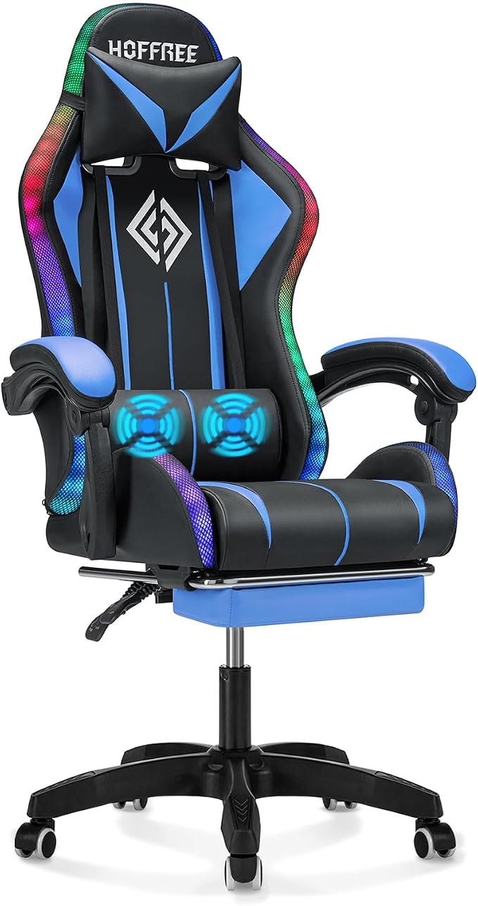 RGB Gaming Chair with LED Lights Massage Ergonomic Computer Chairs-Blue | High Back Video Game Chair with Footrest & Adjustable Lumbar Support Gamer Chairs for Adults Racing Style Recline by Vanspace