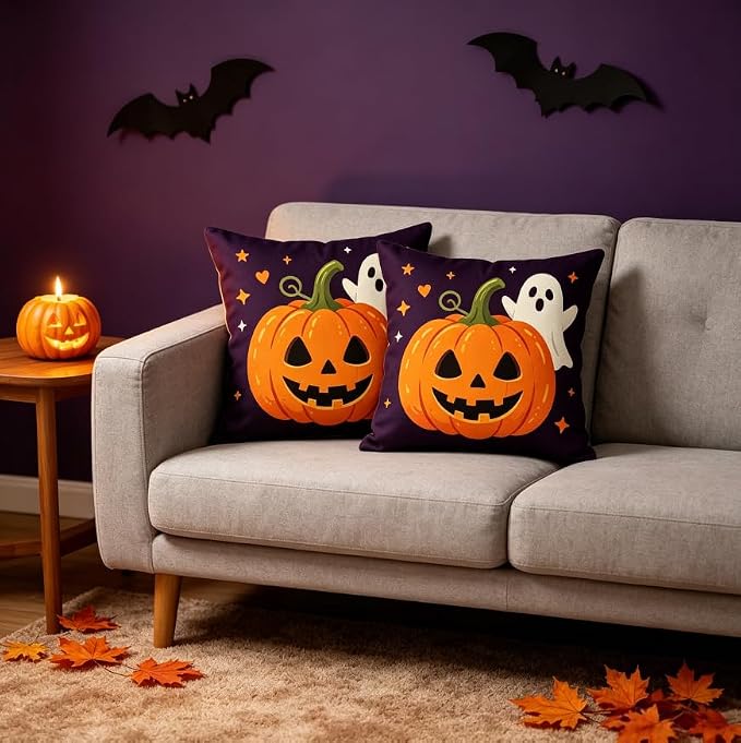 Halloween Decorations Throw Pillow Covers, Jack-O-Lantern Pumpkin and Ghost Design, Purple,Linen, 18x18 Inch, Set of 2，Halloween Decor Pillow Indoor, Halloween Decoration - Image 5