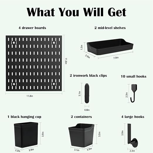 Wall Mount Wall Organizer Pegboard for Gaming & Office, 4 Pack, 12x12 Inch | Pegboard Wall Organizer Kit with Hooks, Shelves, Clips and Bins to Organize Office, Gaming Supplies, Wall Mounted Peg Board - Image 3