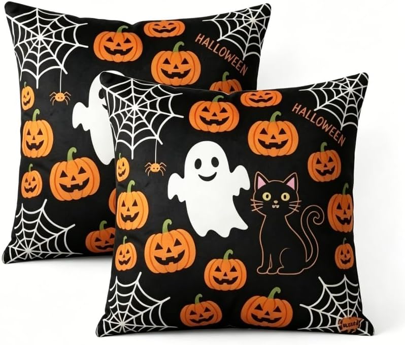 Halloween Throw Pillow Covers, Ghost Pumpkin Spider Web Black Cat Design, Linen, 18x18 Inch, Set of 2 by Unknown