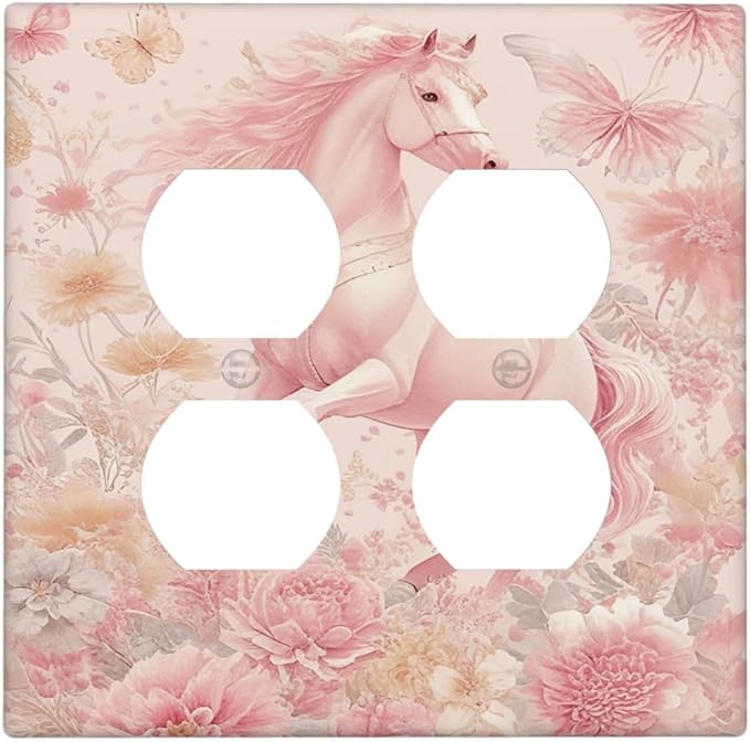 Decorative Switch Plate Covers Fantastical Pink Horse and Flowers 2-Gang Duplex Light Switch Covers Gfci Wall Plate Electrical Receptacle Switchplate Plug Faceplate for Bedroom Decor by JOOJIAO